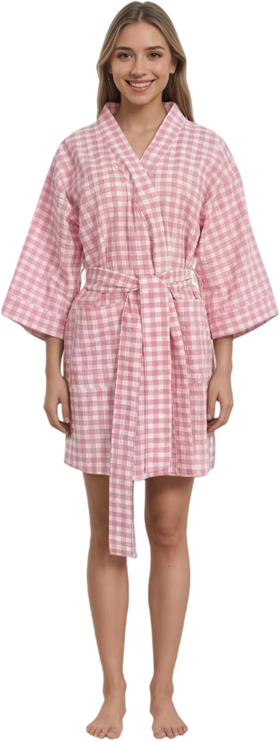 Lightweight Cotton Kimono Robe for Women, Soft Short Knit Bathrobes