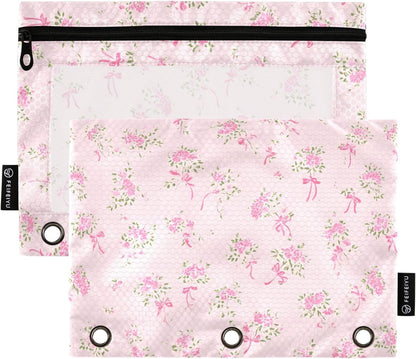 Binder Pencil Pouch for 3 Ring Binder Pencil Case Bags Pink Small Floral with Zipper Girls Clear Window 2 Pack