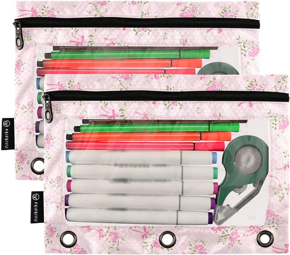 Binder Pencil Pouch for 3 Ring Binder Pencil Case Bags Pink Small Floral with Zipper Girls Clear Window 2 Pack