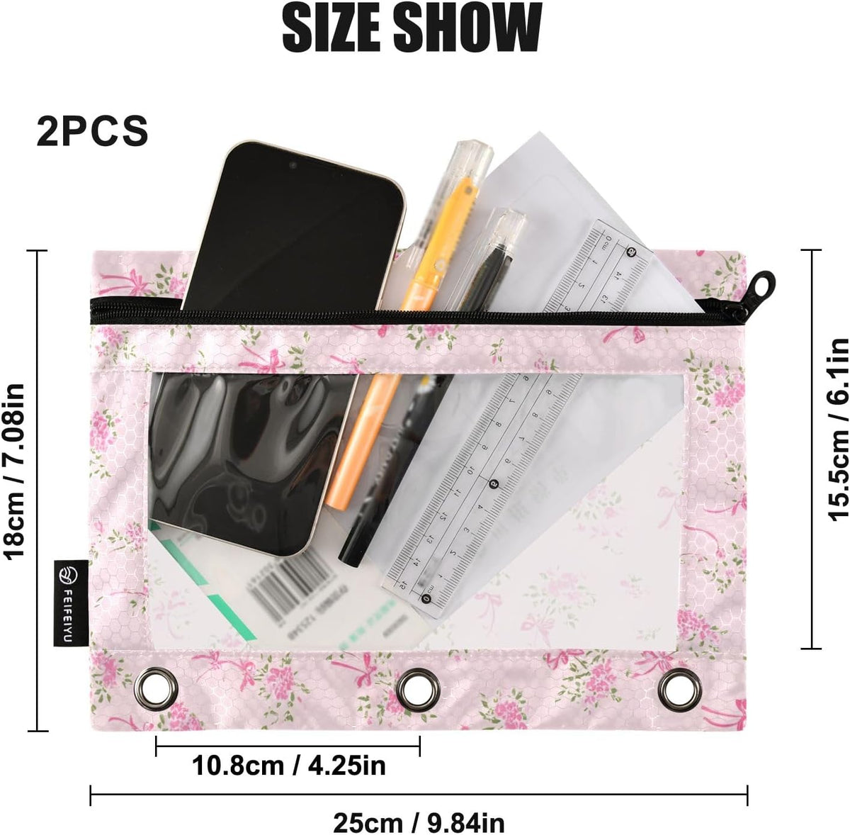 Binder Pencil Pouch for 3 Ring Binder Pencil Case Bags Pink Small Floral with Zipper Girls Clear Window 2 Pack