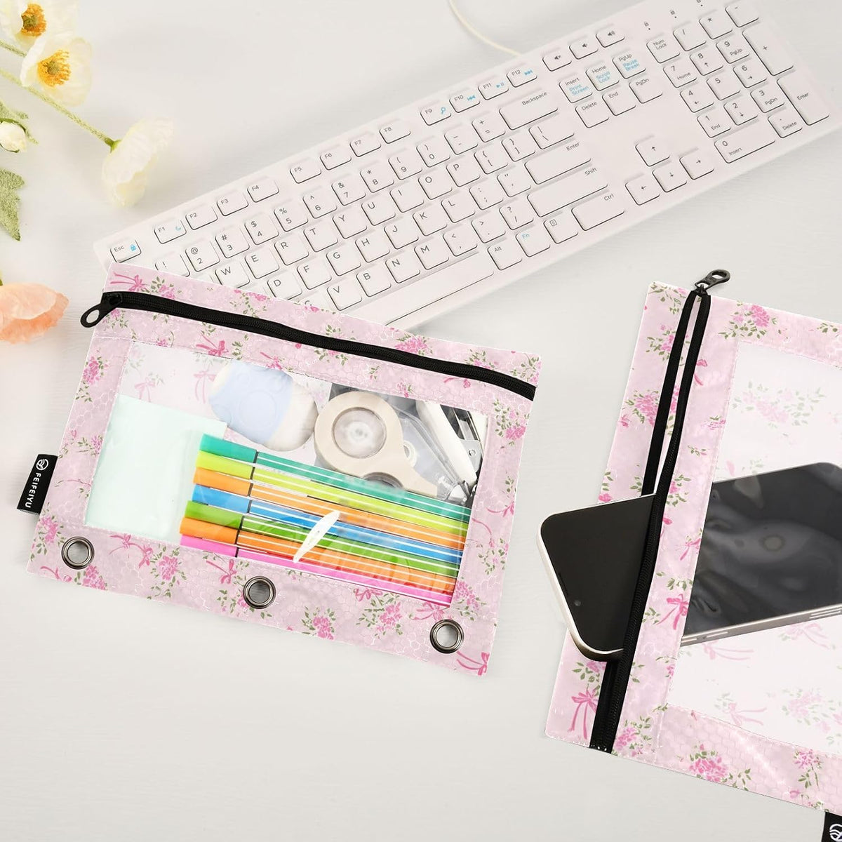Binder Pencil Pouch for 3 Ring Binder Pencil Case Bags Pink Small Floral with Zipper Girls Clear Window 2 Pack