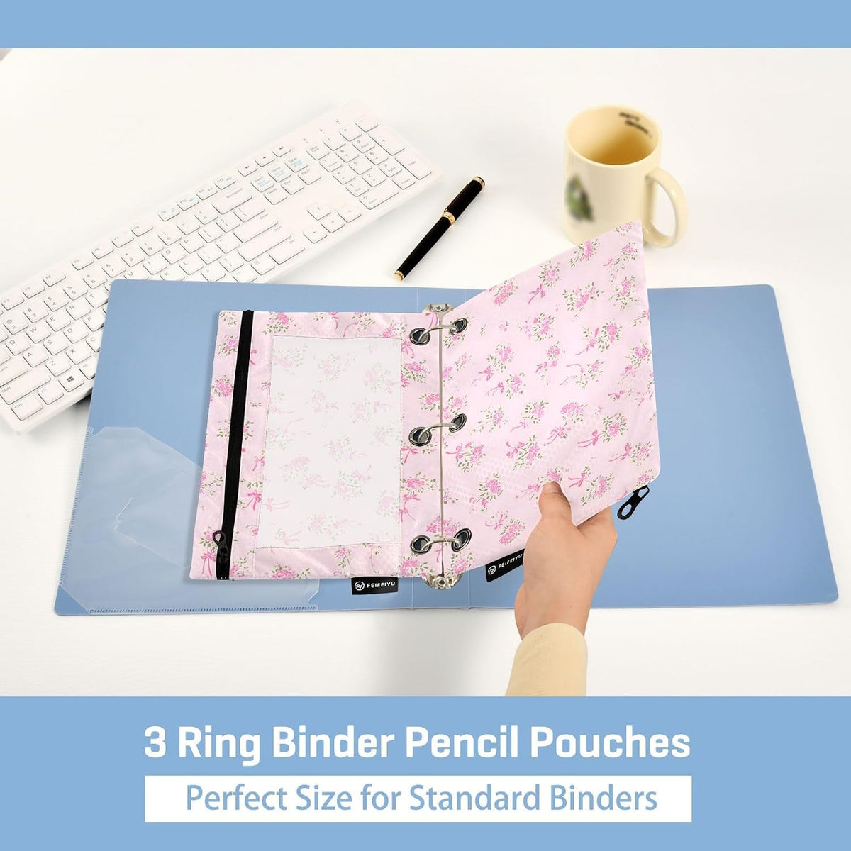 Binder Pencil Pouch for 3 Ring Binder Pencil Case Bags Pink Small Floral with Zipper Girls Clear Window 2 Pack