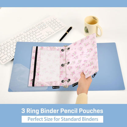 Binder Pencil Pouch for 3 Ring Binder Pencil Case Bags Pink Small Floral with Zipper Girls Clear Window 2 Pack