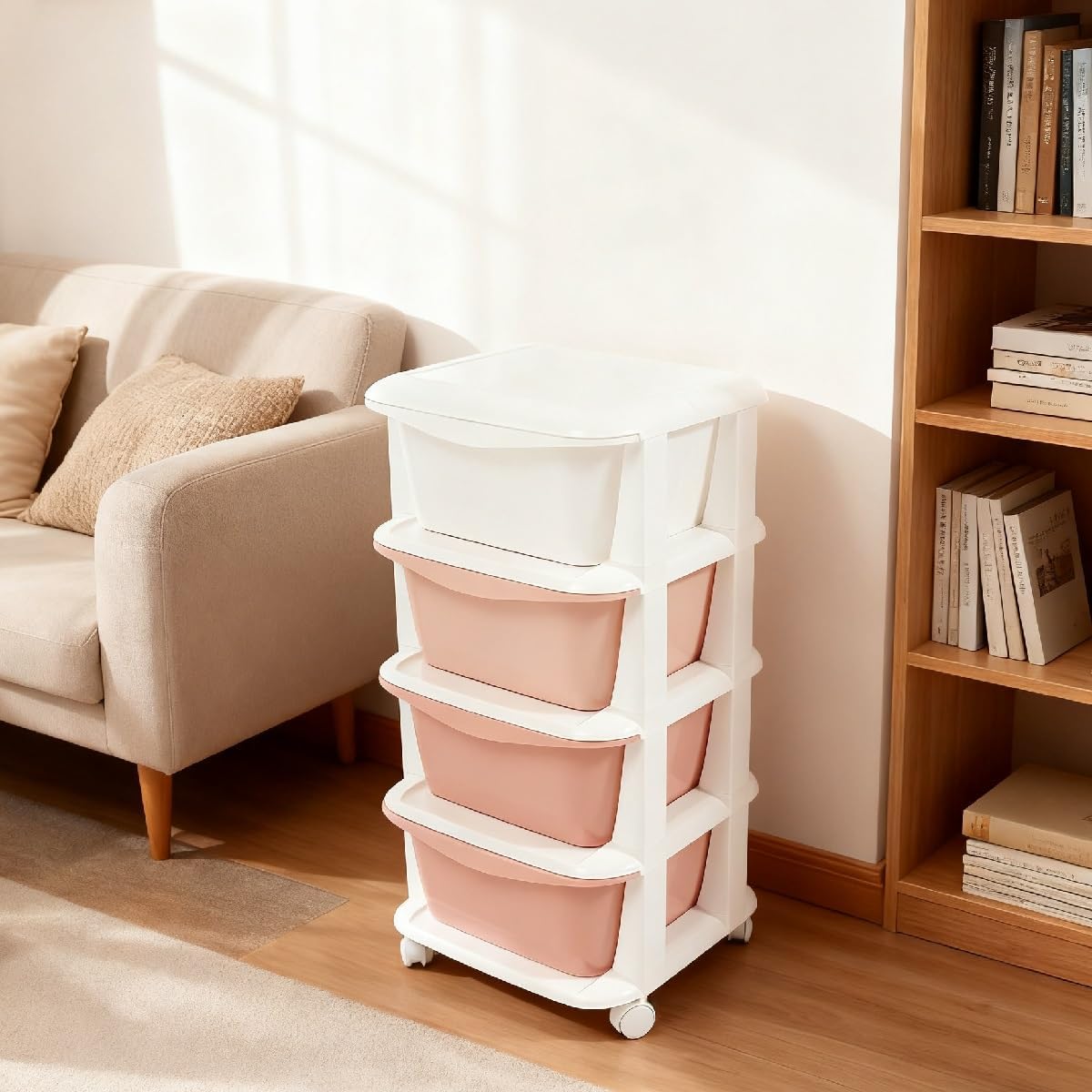 4 Tier Rolling Storage Drawer Cart, Plastic Storage Trolley with Wheels 4 Drawer Organizer Bins Utility Cart for Living Room Bathroom Office (Gradient Pink)