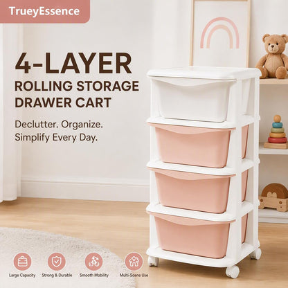 4 Tier Rolling Storage Drawer Cart, Plastic Storage Trolley with Wheels 4 Drawer Organizer Bins Utility Cart for Living Room Bathroom Office (Gradient Pink)