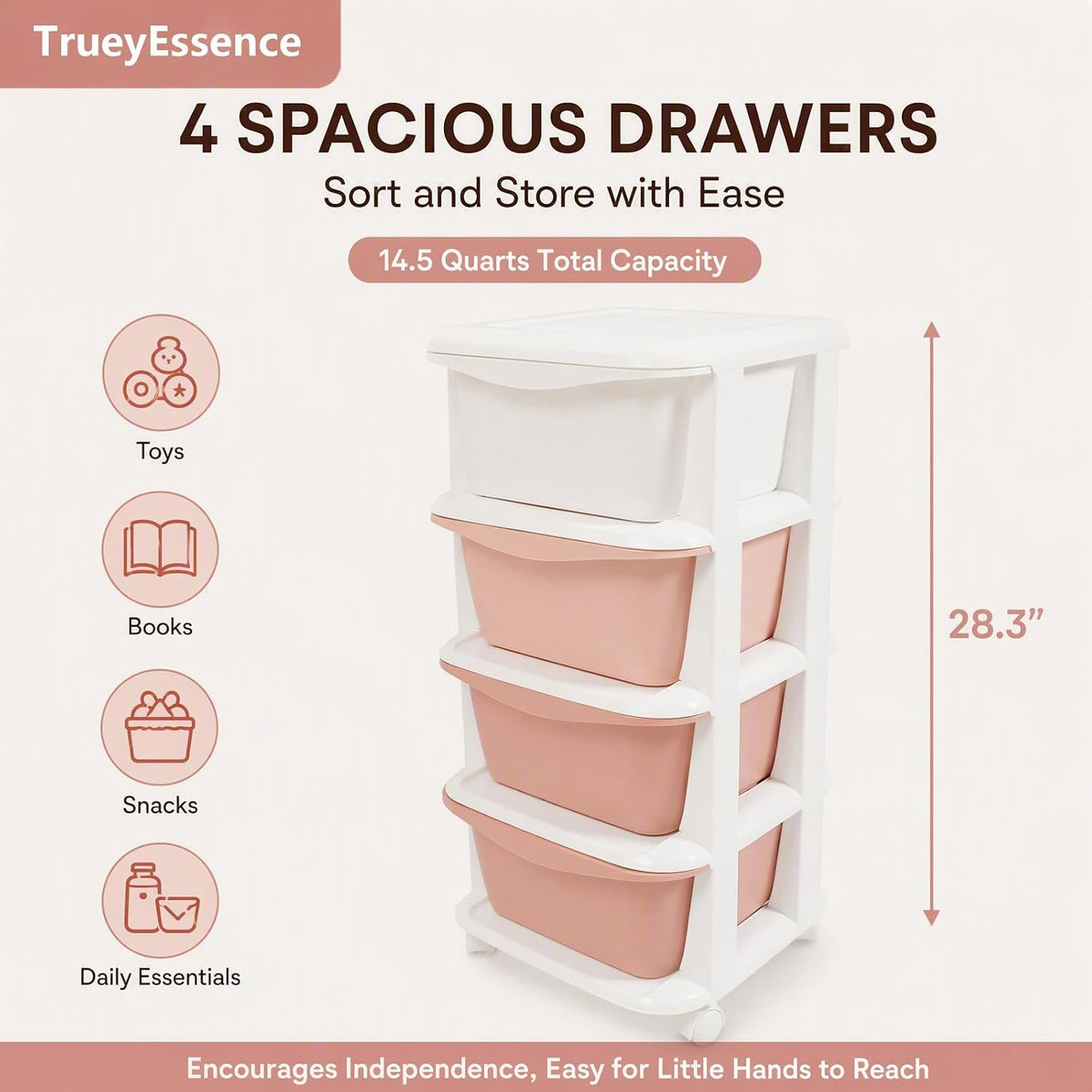 4 Tier Rolling Storage Drawer Cart, Plastic Storage Trolley with Wheels 4 Drawer Organizer Bins Utility Cart for Living Room Bathroom Office (Gradient Pink)