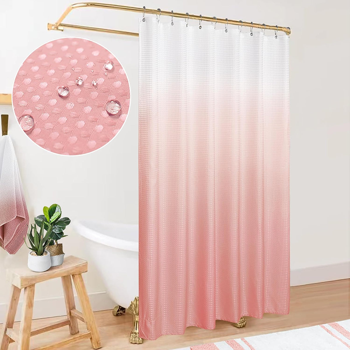 Pink Blush Shower Curtains for Girls Bathroom Dorm, Cute Pink and White Ombre Girly Shower Curtain with Hooks for Princess Teen Girl 70x72 Inch Coral Peach Pink