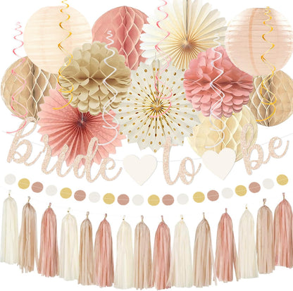 Boho Pink Bridal Shower Decorations, Champagne-Gold Bride To Be Banner Bachelorette Party Decor, Honeycomb Balls, Paper Flowers, Lanterns, Hanging Swirls, Circle Dots Garland for Wedding Shower Party