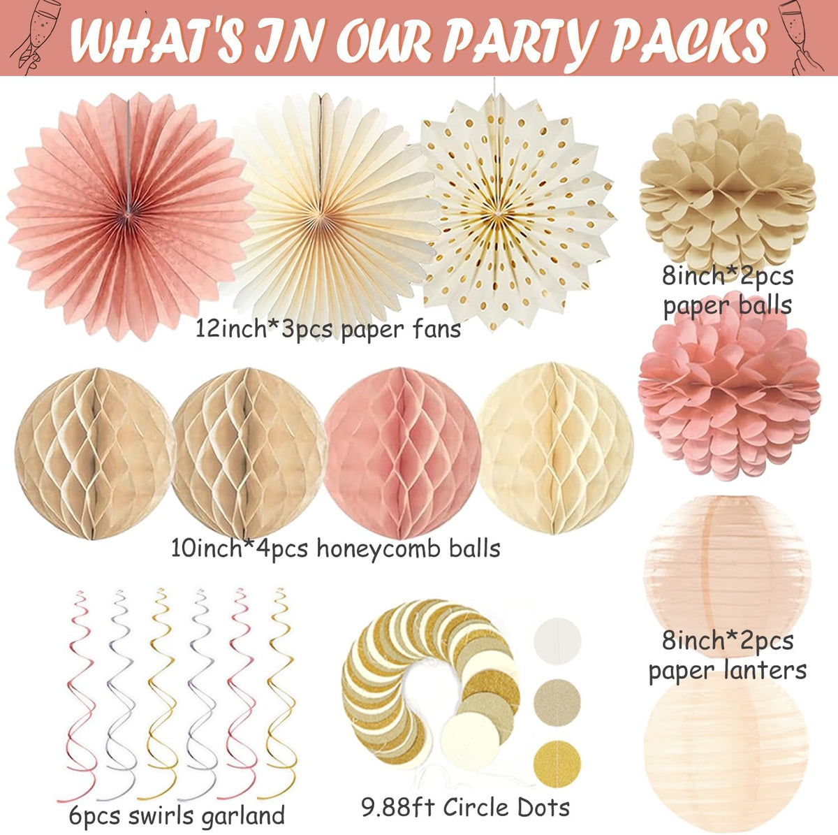 Boho Pink Bridal Shower Decorations, Champagne-Gold Bride To Be Banner Bachelorette Party Decor, Honeycomb Balls, Paper Flowers, Lanterns, Hanging Swirls, Circle Dots Garland for Wedding Shower Party