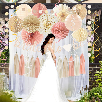Boho Pink Bridal Shower Decorations, Champagne-Gold Bride To Be Banner Bachelorette Party Decor, Honeycomb Balls, Paper Flowers, Lanterns, Hanging Swirls, Circle Dots Garland for Wedding Shower Party