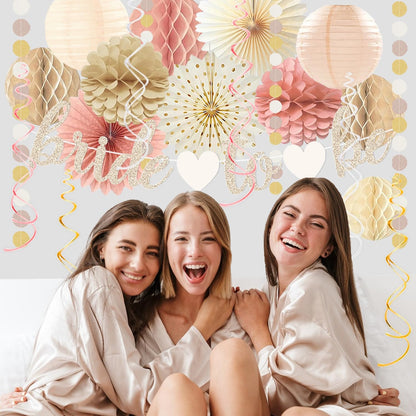 Boho Pink Bridal Shower Decorations, Champagne-Gold Bride To Be Banner Bachelorette Party Decor, Honeycomb Balls, Paper Flowers, Lanterns, Hanging Swirls, Circle Dots Garland for Wedding Shower Party