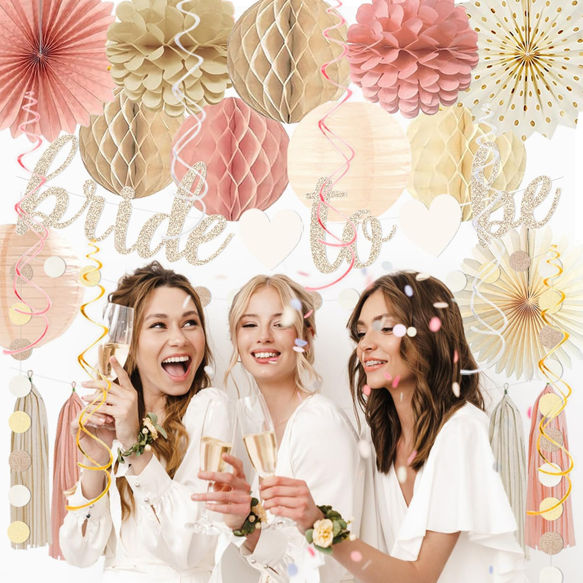 Boho Pink Bridal Shower Decorations, Champagne-Gold Bride To Be Banner Bachelorette Party Decor, Honeycomb Balls, Paper Flowers, Lanterns, Hanging Swirls, Circle Dots Garland for Wedding Shower Party