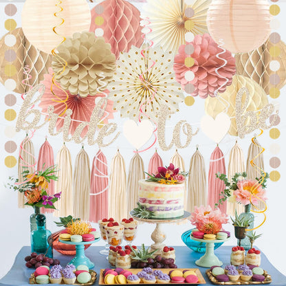 Boho Pink Bridal Shower Decorations, Champagne-Gold Bride To Be Banner Bachelorette Party Decor, Honeycomb Balls, Paper Flowers, Lanterns, Hanging Swirls, Circle Dots Garland for Wedding Shower Party