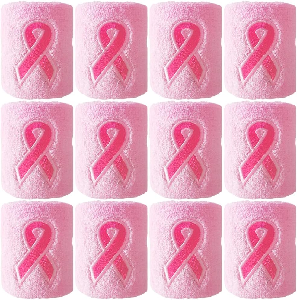 12 Pack Pink Ribbon Wristbands Breast Cancer Awareness Sweatband Wrist Sweat Bands for Women Men Youth Sports Fan Wristbands for Football Baseball Running Athletic