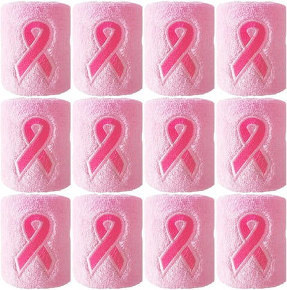 12 Pack Pink Ribbon Wristbands Breast Cancer Awareness Sweatband Wrist Sweat Bands for Women Men Youth Sports Fan Wristbands for Football Baseball Running Athletic