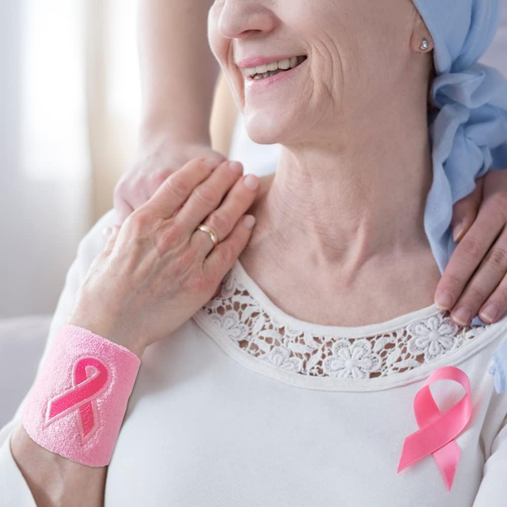 12 Pack Pink Ribbon Wristbands Breast Cancer Awareness Sweatband Wrist Sweat Bands for Women Men Youth Sports Fan Wristbands for Football Baseball Running Athletic