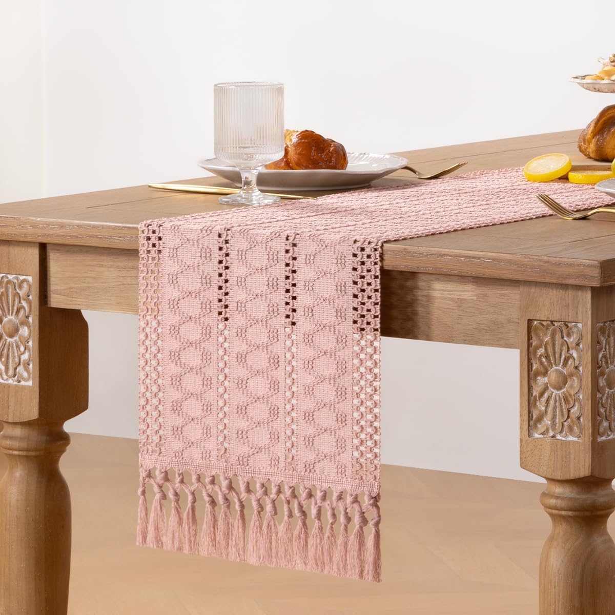 Boho Macrame Table Runner Pink Burlap Small Dresser Runner