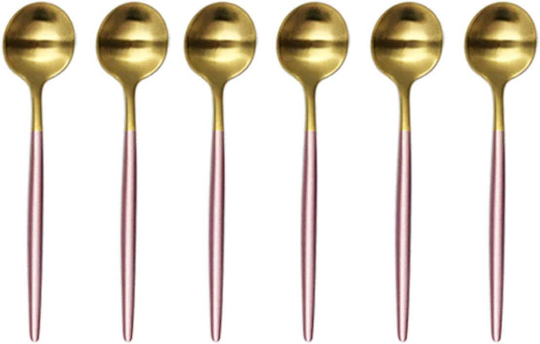Teaspoon Coffee Spoons 6-piece Small Cute Spoon Stainless Steel Matte Finished Silver Dinnerware Set for Home Hotel Restaurant. (Pink gold)