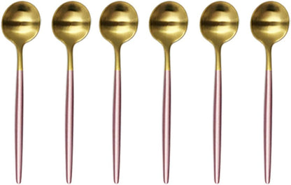 Teaspoon Coffee Spoons 6-piece Small Cute Spoon Stainless Steel Matte Finished Silver Dinnerware Set for Home Hotel Restaurant. (Pink gold)