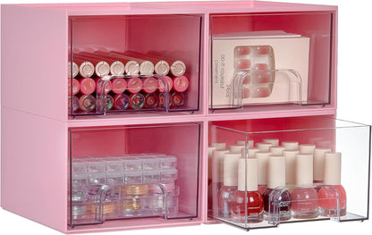 4 Pack Small Clear Stackable Storage Drawers, Pink