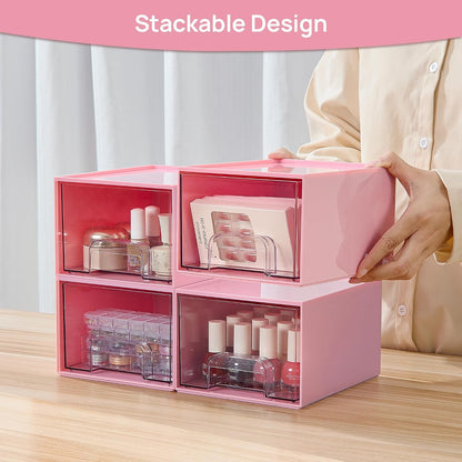 4 Pack Small Clear Stackable Storage Drawers, Pink