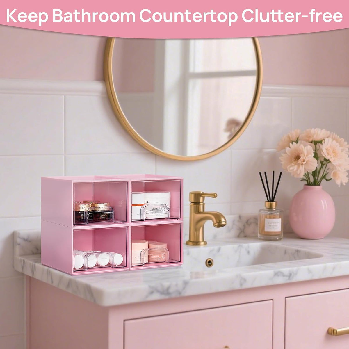 4 Pack Small Clear Stackable Storage Drawers, Pink