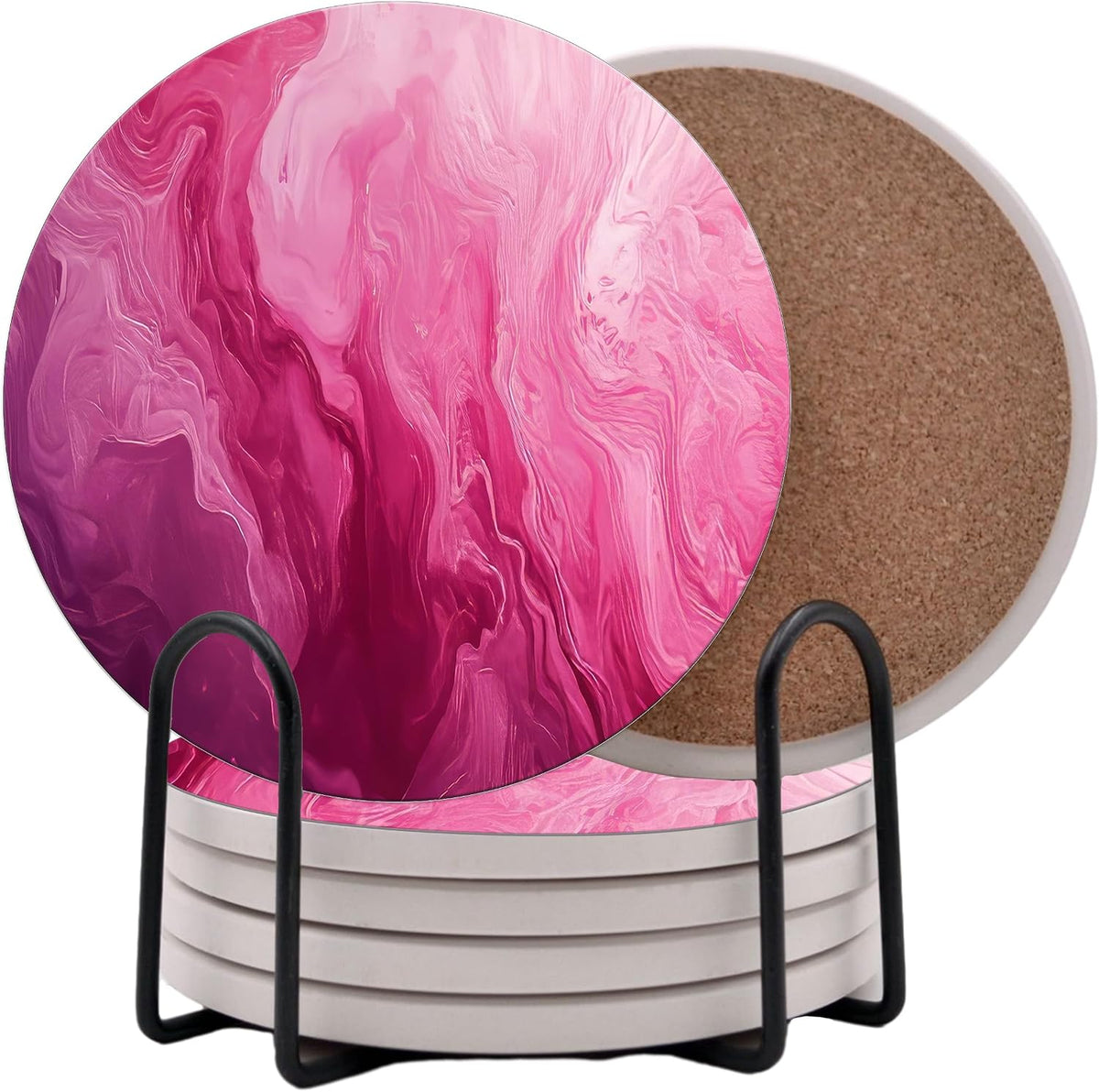 Pink Marble Round Coasters Set of 6 - Abosrbent Ceramic Coasters with Metal Stand for Drinks, Beer, Coffee, Non-Slip Cork Back for Tabletop Protection, 4 Inches (Pink 3)