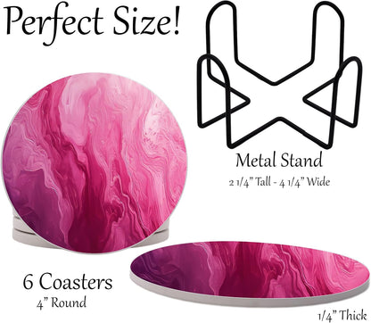 Pink Marble Round Coasters Set of 6 - Abosrbent Ceramic Coasters with Metal Stand for Drinks, Beer, Coffee, Non-Slip Cork Back for Tabletop Protection, 4 Inches (Pink 3)