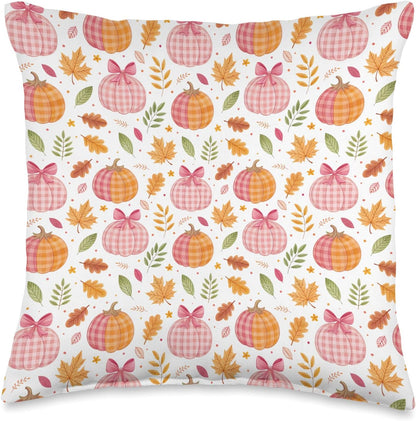 Pink Pumpkins, Fall Leaves, Plaid, Autumn Season Decoration Throw Pillow