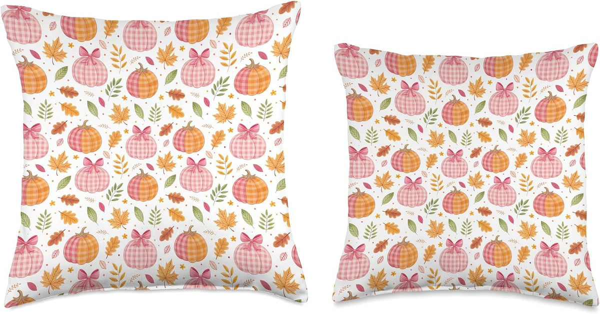 Pink Pumpkins, Fall Leaves, Plaid, Autumn Season Decoration Throw Pillow