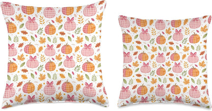Pink Pumpkins, Fall Leaves, Plaid, Autumn Season Decoration Throw Pillow