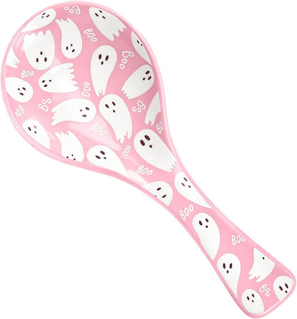 8.7 Inch Halloween Spoon Rest Boo Ghost Large Ceramic Spoon Holder Pink White Cooking Utensils Holder for Trick or Treat Stove Top Kitchen Counter Farmhouse Decor