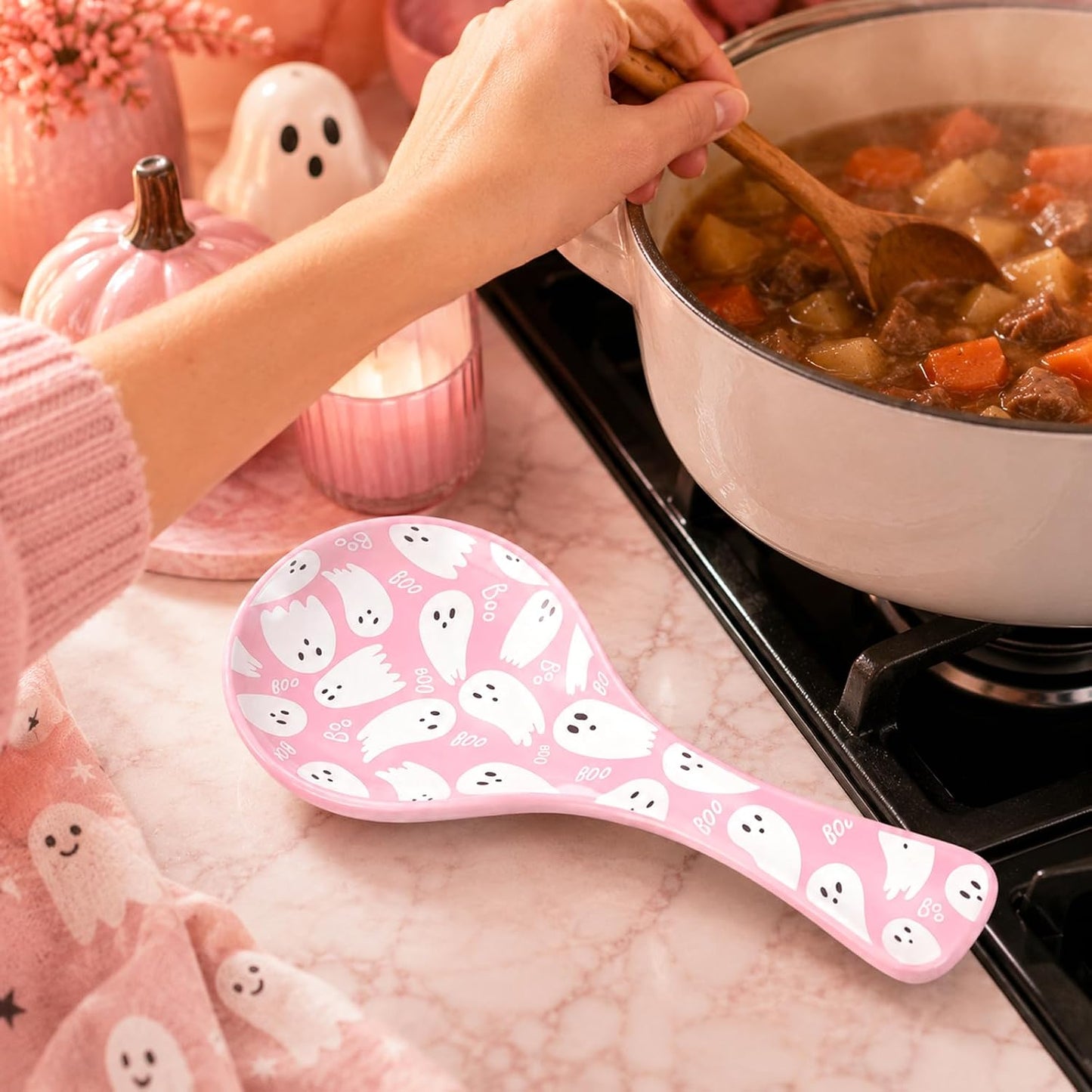 8.7 Inch Halloween Spoon Rest Boo Ghost Large Ceramic Spoon Holder Pink White Cooking Utensils Holder for Trick or Treat Stove Top Kitchen Counter Farmhouse Decor