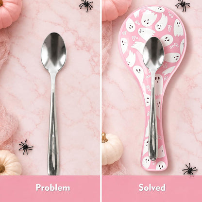 8.7 Inch Halloween Spoon Rest Boo Ghost Large Ceramic Spoon Holder Pink White Cooking Utensils Holder for Trick or Treat Stove Top Kitchen Counter Farmhouse Decor