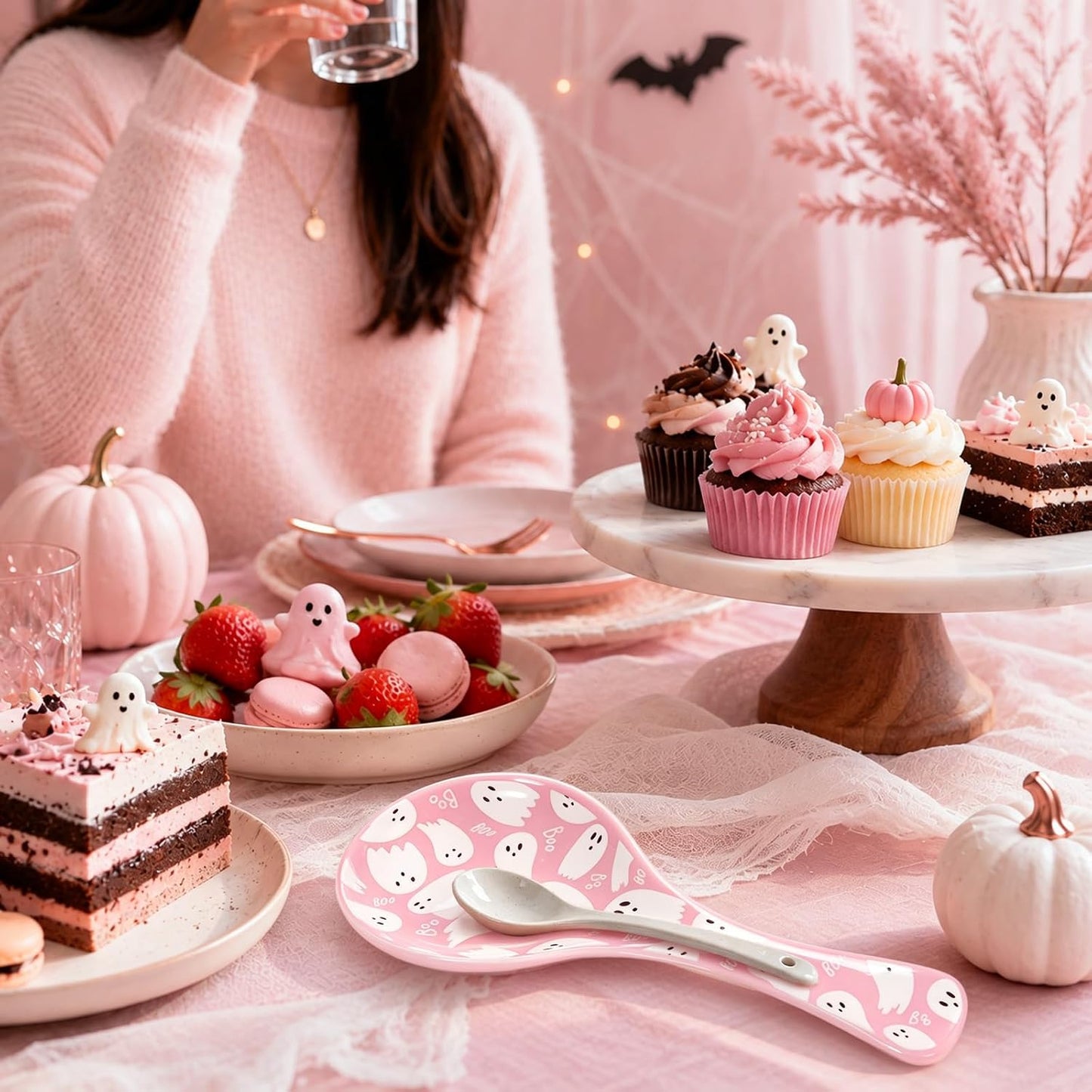 8.7 Inch Halloween Spoon Rest Boo Ghost Large Ceramic Spoon Holder Pink White Cooking Utensils Holder for Trick or Treat Stove Top Kitchen Counter Farmhouse Decor