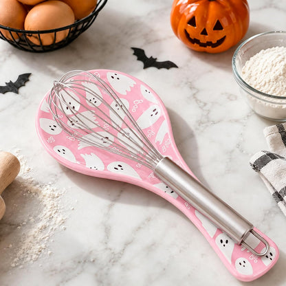 8.7 Inch Halloween Spoon Rest Boo Ghost Large Ceramic Spoon Holder Pink White Cooking Utensils Holder for Trick or Treat Stove Top Kitchen Counter Farmhouse Decor
