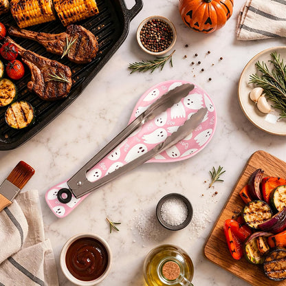 8.7 Inch Halloween Spoon Rest Boo Ghost Large Ceramic Spoon Holder Pink White Cooking Utensils Holder for Trick or Treat Stove Top Kitchen Counter Farmhouse Decor
