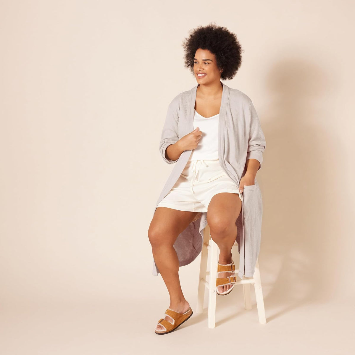 Women's Lightweight Cotton Waffle Mid-Length Bathrobe (Available in Plus Size)