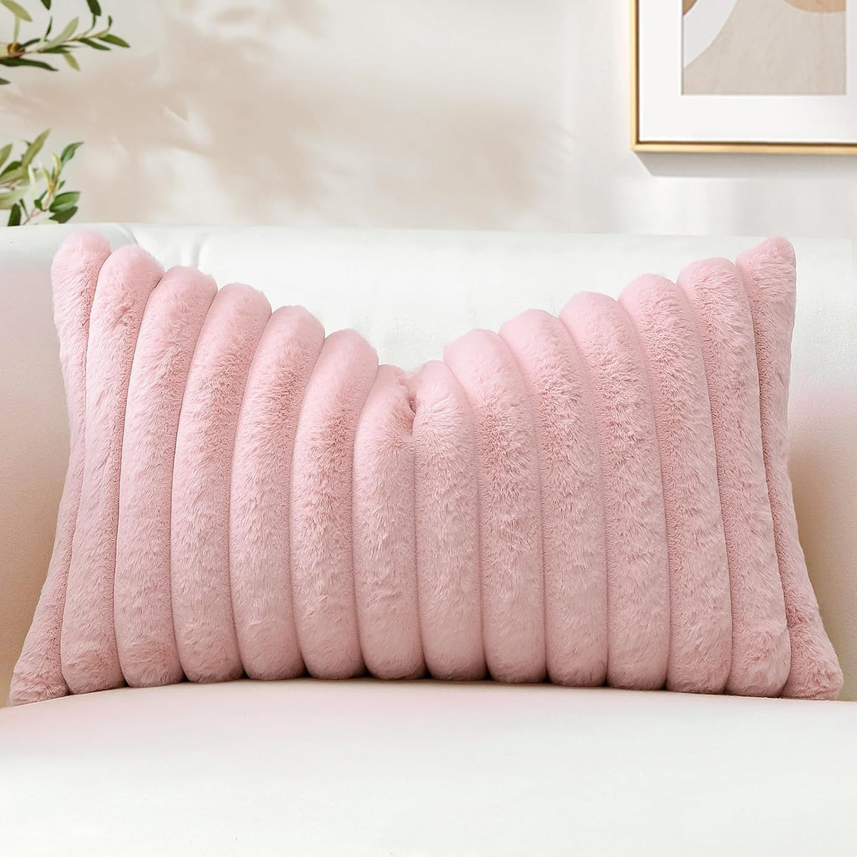 Blush Pink Faux Rabbit Fur Decorative Throw Pillow Cover 12x20 Inch Soft Cozy Plush Striped Pillowcase Velvet Cushion Cover for Sofa Couch Bed Living Room