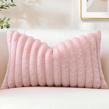 Blush Pink Faux Rabbit Fur Decorative Throw Pillow Cover 12x20 Inch Soft Cozy Plush Striped Pillowcase Velvet Cushion Cover for Sofa Couch Bed Living Room