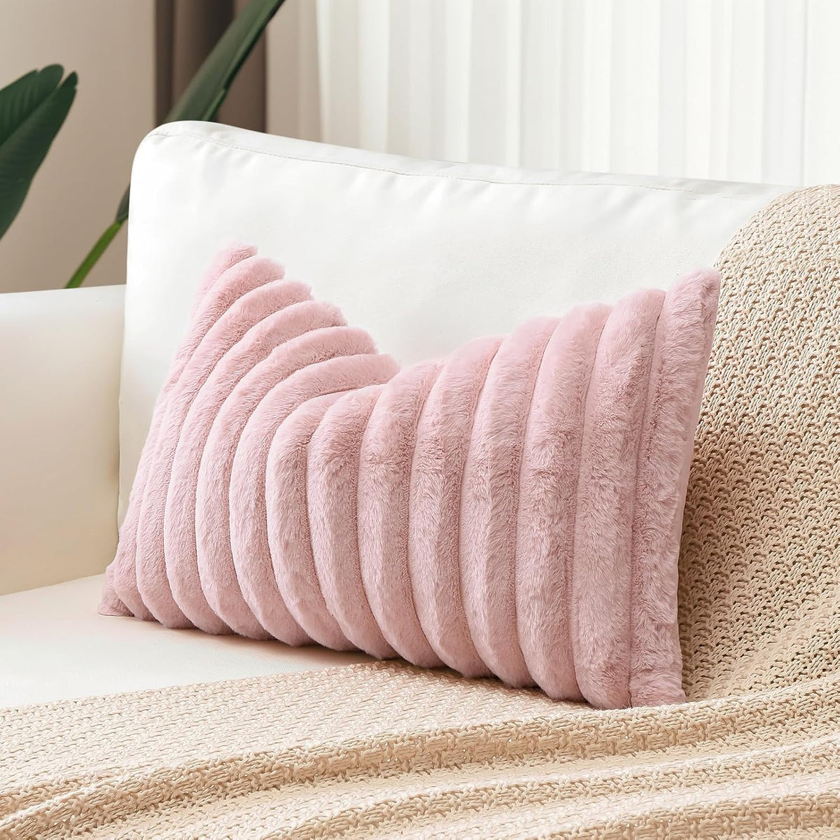 Blush Pink Faux Rabbit Fur Decorative Throw Pillow Cover 12x20 Inch Soft Cozy Plush Striped Pillowcase Velvet Cushion Cover for Sofa Couch Bed Living Room