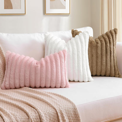 Blush Pink Faux Rabbit Fur Decorative Throw Pillow Cover 12x20 Inch Soft Cozy Plush Striped Pillowcase Velvet Cushion Cover for Sofa Couch Bed Living Room