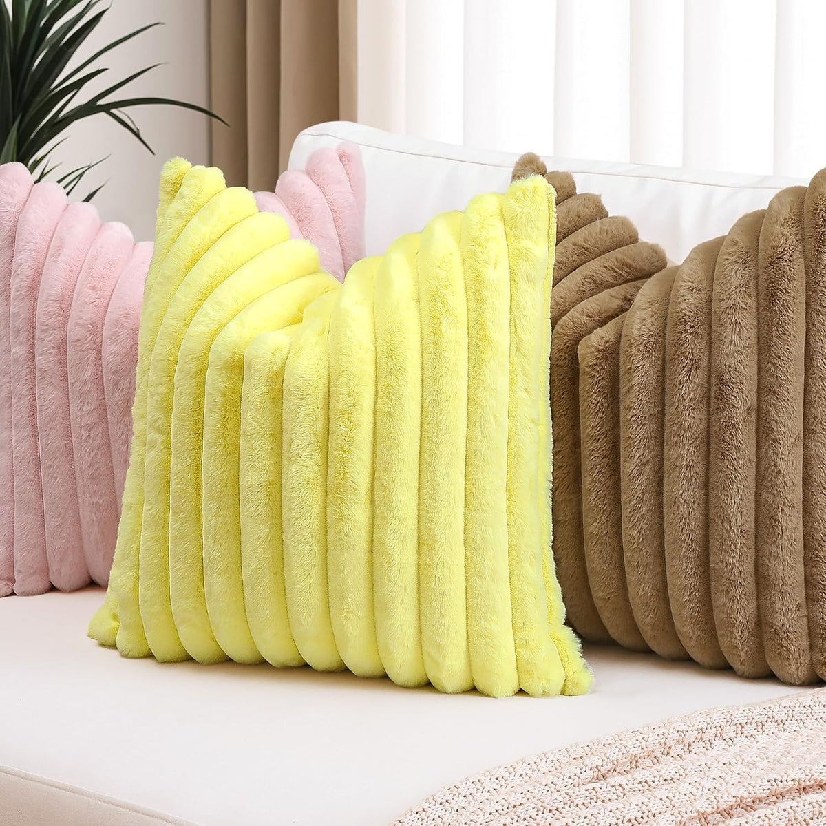 Blush Pink Faux Rabbit Fur Decorative Throw Pillow Cover 12x20 Inch Soft Cozy Plush Striped Pillowcase Velvet Cushion Cover for Sofa Couch Bed Living Room