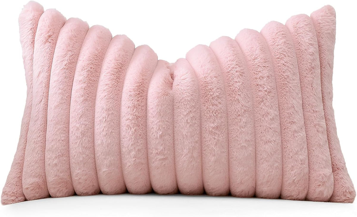 Blush Pink Faux Rabbit Fur Decorative Throw Pillow Cover 12x20 Inch Soft Cozy Plush Striped Pillowcase Velvet Cushion Cover for Sofa Couch Bed Living Room