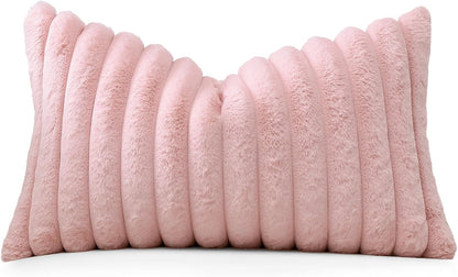 Blush Pink Faux Rabbit Fur Decorative Throw Pillow Cover 12x20 Inch Soft Cozy Plush Striped Pillowcase Velvet Cushion Cover for Sofa Couch Bed Living Room
