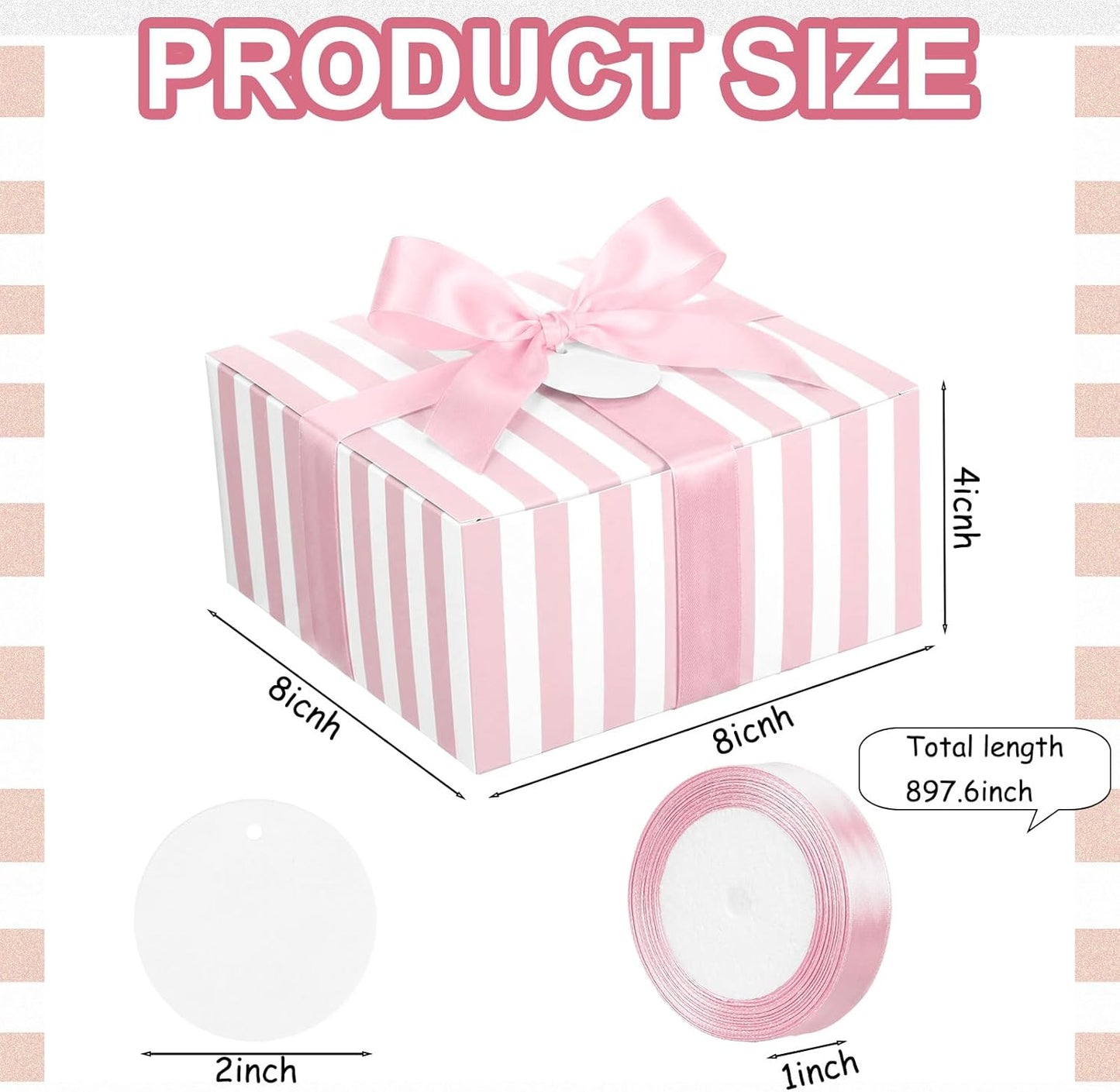 8 Set Pink White Striped Gift Boxes with Ribbon, Pink Bridesmaid Gift Boxes 8 x 8 x 4 Inch for Wedding, Bachelorette Party Supplies, Bridal Shower Baby Shower Birthday Favor