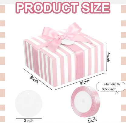 8 Set Pink White Striped Gift Boxes with Ribbon, Pink Bridesmaid Gift Boxes 8 x 8 x 4 Inch for Wedding, Bachelorette Party Supplies, Bridal Shower Baby Shower Birthday Favor