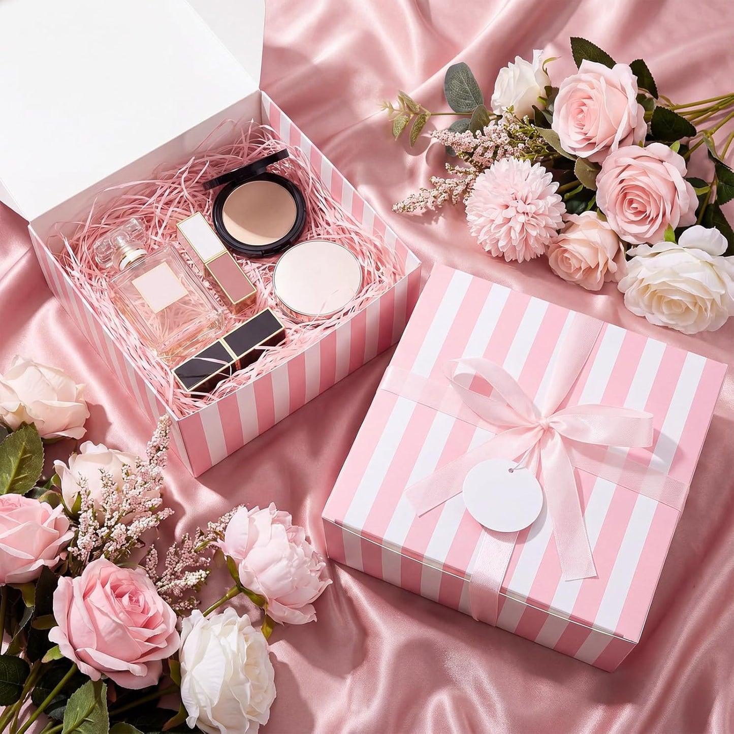 8 Set Pink White Striped Gift Boxes with Ribbon, Pink Bridesmaid Gift Boxes 8 x 8 x 4 Inch for Wedding, Bachelorette Party Supplies, Bridal Shower Baby Shower Birthday Favor