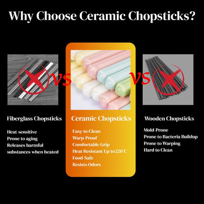 Ceramic Chopsticks, 5 Pairs - 9.5 Inch Reusable Chopsticks, Dishwasher Safe, High-grade Bone China Porcelain with Case (5, Pink)