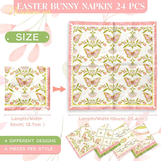NICROHOME EUR Vintage Floral Paper Napkins 10x10 Inch (Unfolded) - 24 Count Disposable Napkins, Pink Green Tulip Butterfly Design 3-Ply Cocktail Napkins for Wedding, Birthday, Easter, Garden Tea Party